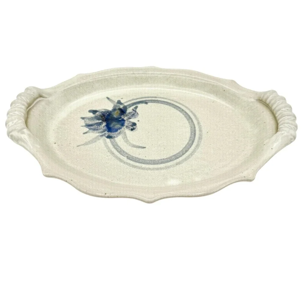 Vintage Blue Botanical Hand Painted Artisan Pottery Tray ~ 12.5
